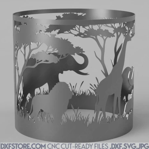 African Safari Wildlife Fire Pit DXF Files – 19 High Cylinder with Intricate Laser-Cut Elephant, Lion, and Giraffe Silhouettes for CNC Plasma Cutting
