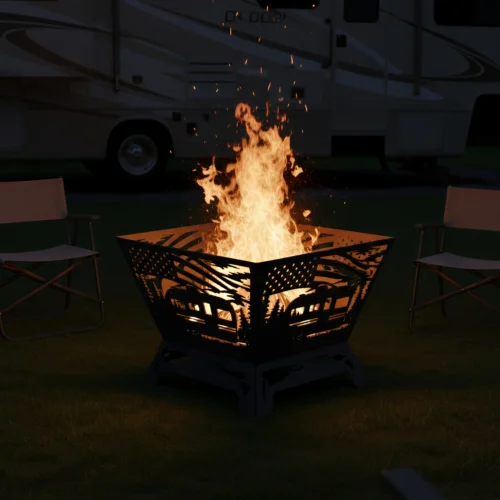 American Patriotic Fire Pit for RV Glamping DXF File lit up at night with RV