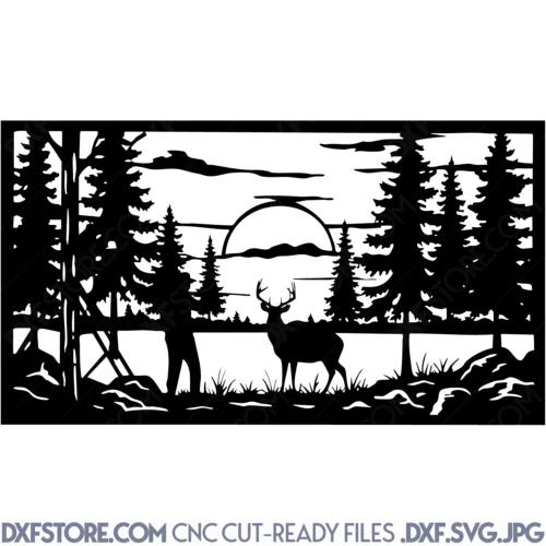 Deer Hunt Silhouette Scene 50'x28' Rectangular DXF Laser Cut File