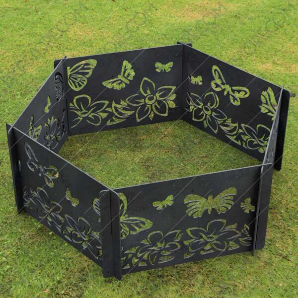 Fire Pit Ring Hexagon Collapsible Ornamental Floral and Butterflies Natural Scenery No Welding Needed DXF File for For Laser Cutting