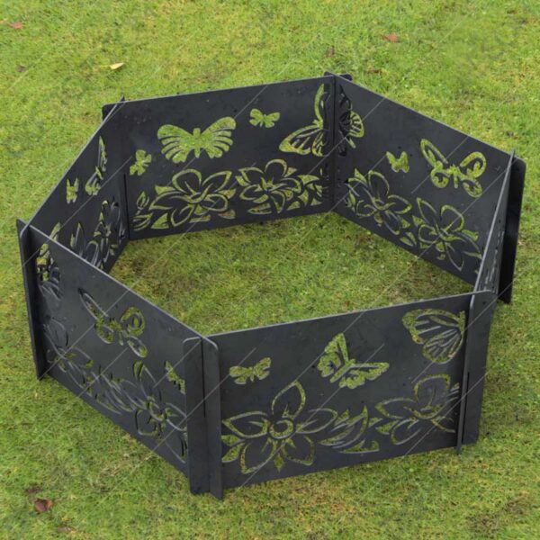 Fire Pit Ring Hexagon Collapsible Ornamental Floral and Butterflies Natural Scenery No Welding Needed DXF File for Plasma Cutting