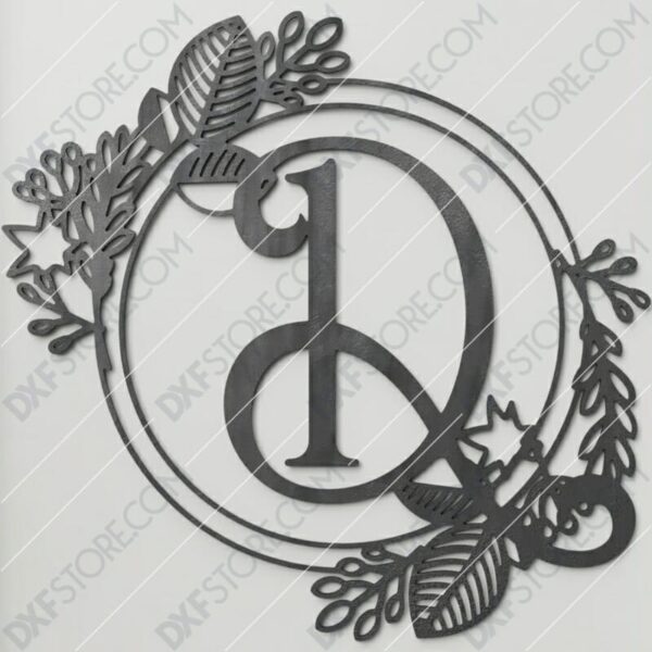 Monogram Plaque Letter D Decorative Floral Frame DXF File Cut-Ready for CNC