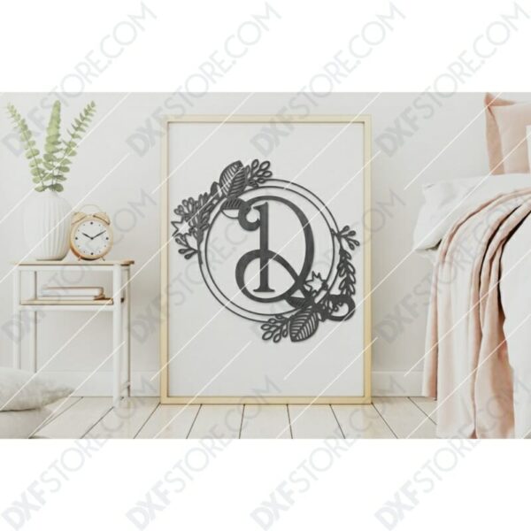 Monogram Plaque Letter D Decorative Floral Frame DXF File for CNC Plasma and Laser Cut