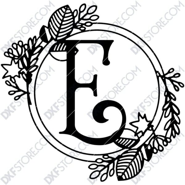 Monogram Plaque Letter E Decorative Floral Frame DXF File Cut-Ready for CNC