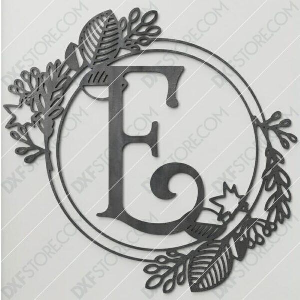 Monogram Plaque Letter E Decorative Floral Frame DXF File for CNC Plasma and Laser Cut