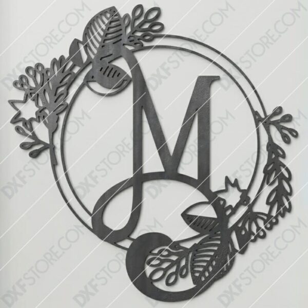 Monogram Plaque Letter M Decorative Floral Frame CNC Plasma Cut DXF File Monogram Plaque Letter M Decorative Floral Frame CNC Plasma Cut DXF File