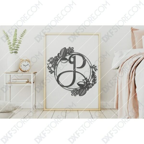 Monogram Plaque Letter P Decorative Floral Frame CNC Cut-Ready DXF File Monogram Plaque Letter P Decorative Floral Frame CNC Cut-Ready DXF File