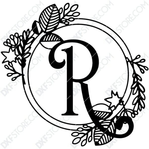 Monogram Plaque Letter R Decorative Floral Frame CNC Cut-Ready DXF File Monogram Plaque Letter R Decorative Floral Frame CNC Cut-Ready DXF File
