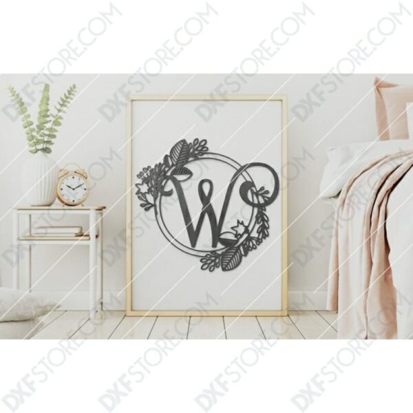 Monogram Plaque Letter W Decorative Floral Frame CNC Cut-Ready DXF File