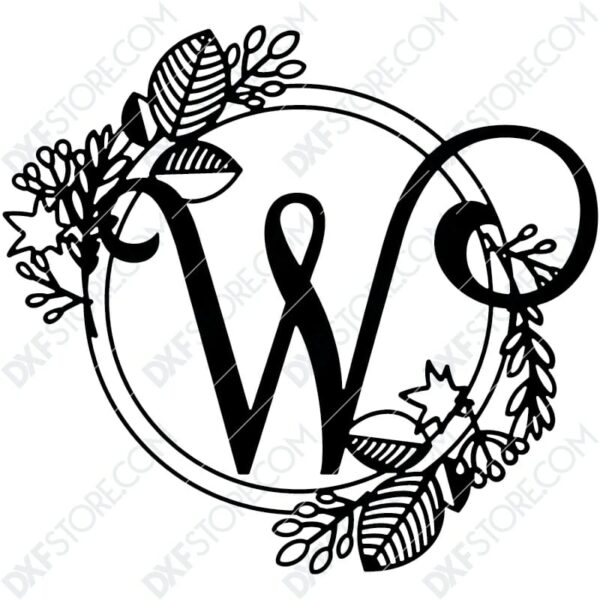 Monogram Plaque Letter W Decorative Floral Frame Plasma and Laser Cut DXF File for CNC