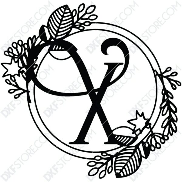 Monogram Plaque Letter X Decorative Floral Frame CNC Cut-Ready DXF File Monogram Plaque Letter X Decorative Floral Frame CNC Cut-Ready DXF File