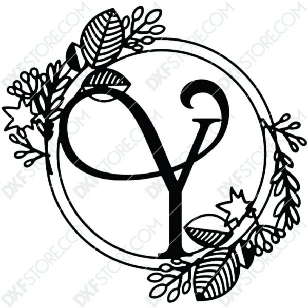 Monogram Plaque Letter Y Decorative Floral Frame CNC Cut-Ready DXF File