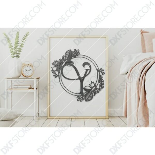 Monogram Plaque Letter Y Decorative Floral Frame Plasma Cut DXF File Cut-Ready