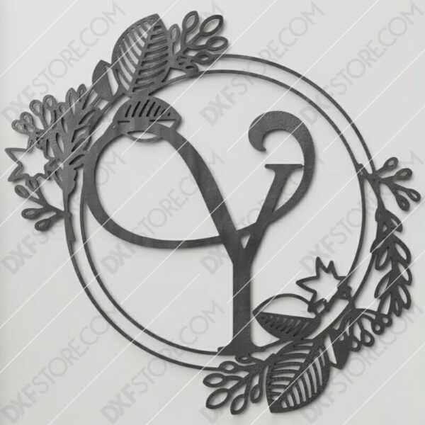Monogram Plaque Letter Y Decorative Floral Frame Plasma and Laser Cut DXF File for CNC