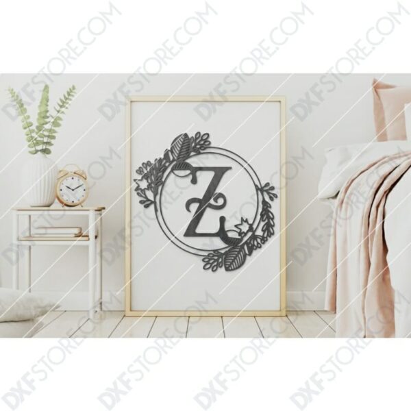 Monogram Plaque Letter Z Decorative Floral Frame CNC Cut-Ready DXF File