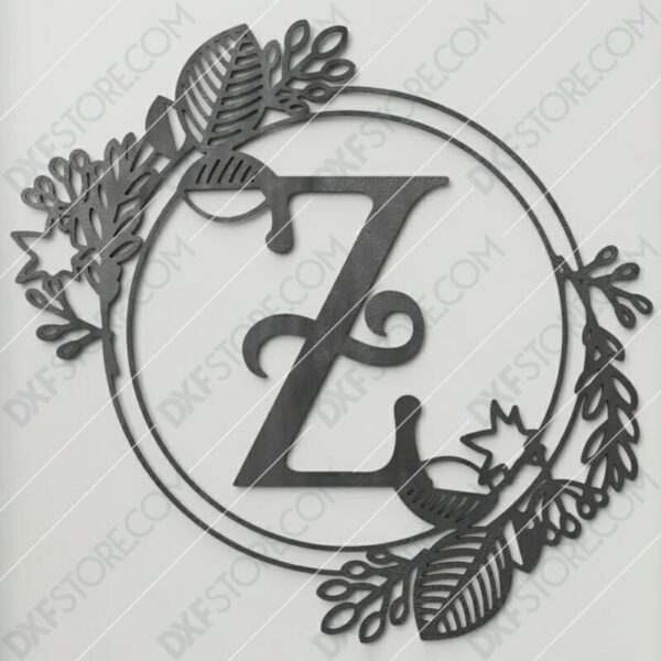 Monogram Plaque Letter Z Decorative Floral Frame Plasma Cut DXF File Cut Ready