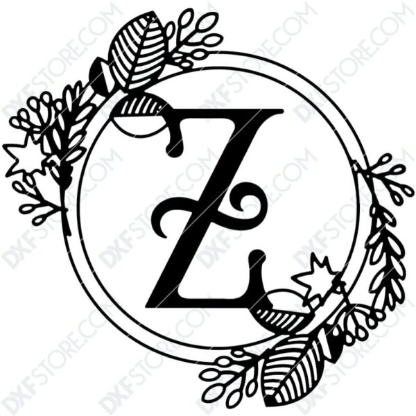 Monogram Plaque Letter Z Decorative Floral Frame Plasma and Laser Cut DXF File for CNC
