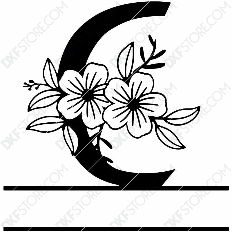 Split Monogram Elegant Floral Split Alphabet Letter C DXF File Plasma Art for CNC Plasma Cut Cut-Ready DXF File for CNC