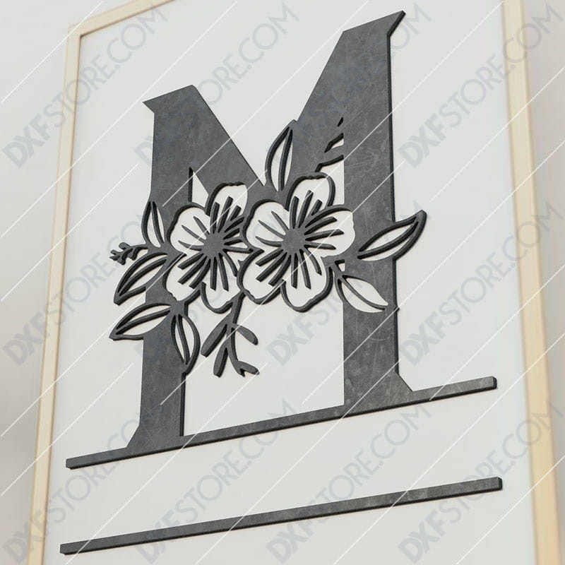 Split Monogram Elegant Floral Split Alphabet Letter M Cut-Ready Plasma Cut DXF File Download for CNC Plasma and Laser Cut