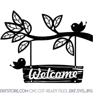 Welcome sign Tree branch, birds and wood welcome sign DXF file