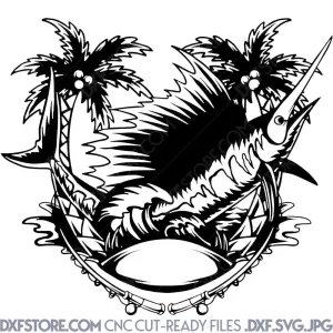 ​Marlin Fish with Fishing Rods and Sea Waves Signs Free Laser Cut Files DXF File SVG File For Laser Cut